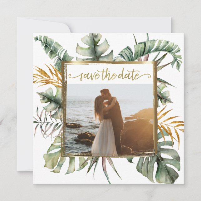 Save The Date Photo Tropical Elegant Palms Gold Frame (Devant)
