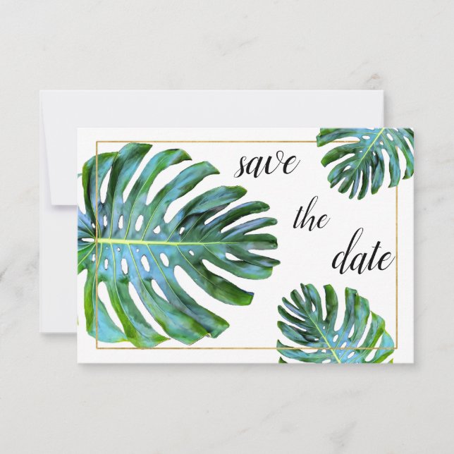 Save The Date Photo Tropical Leaf Green Gold Enregistrer La Date (Devant)