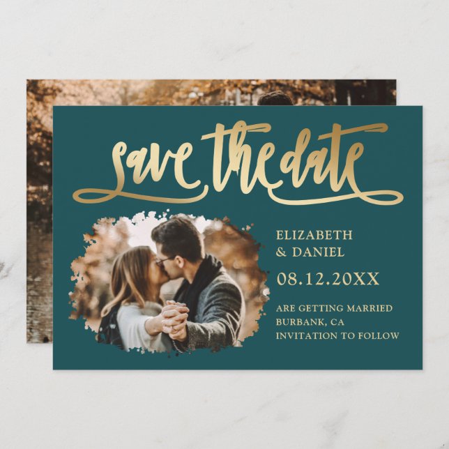 Save The Date Photo Turquoise Gold Mariage Moderne Enregistrer L (Devant / Derrière)