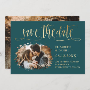Save The Date Photo Turquoise Gold Mariage Moderne Enregistrer L