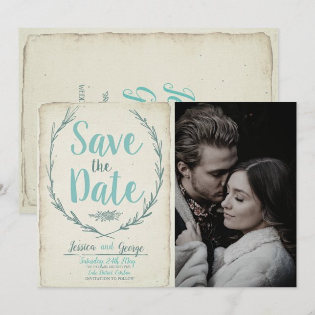 Save The Date Photo Vintage couronne rustique Mariage Enregistre (Devant / Derrière)
