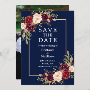Save The Date Photo Watercolor Burgundy Roses Blue Gold Frame