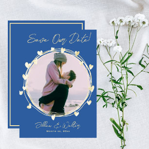 Save The Date Photo Wedding Blue Gold Hearts