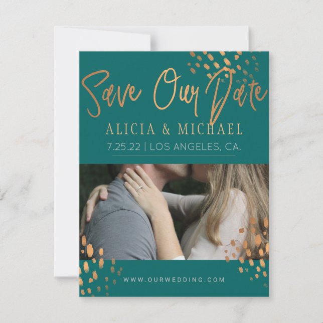 Save The Date Photographie Turquoise foncée Faux Rose Gold Foil  (Devant)