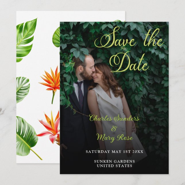 Save The Date Photographie typographique des Feuilles tropicaux (Devant / Derrière)