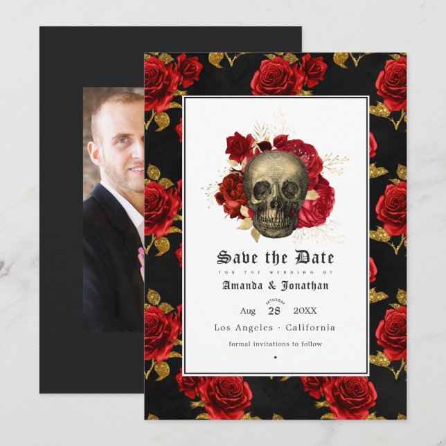 Save The Date Photos du Mariage gothique du crâne floral (Devant / Derrière)