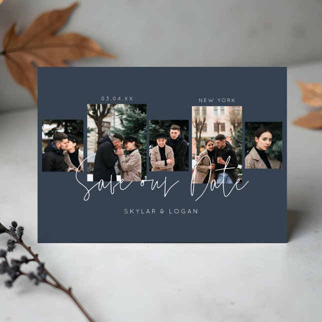 Save The Date Photos miniatures modernes Collage bleu (Modern Minimal Typographic Photo Collage Blue Save The Date)