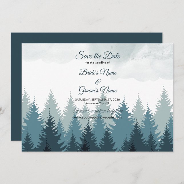 Save The Date Pine Arbre Aquarelle Forêt Mariage rustique (Devant / Derrière)