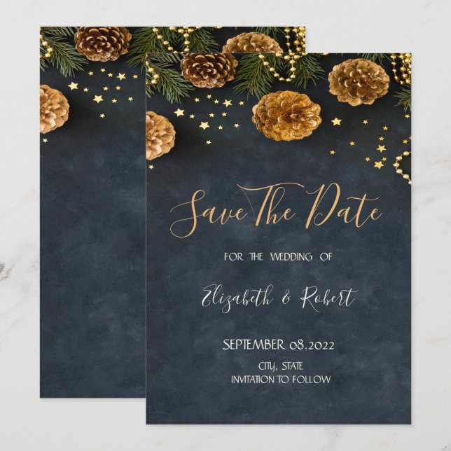 Save The Date Pine Cônes, Étoiles Enregistrer La Date (Devant / Derrière)