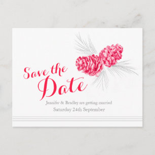 Save the date pine cones red wedding card