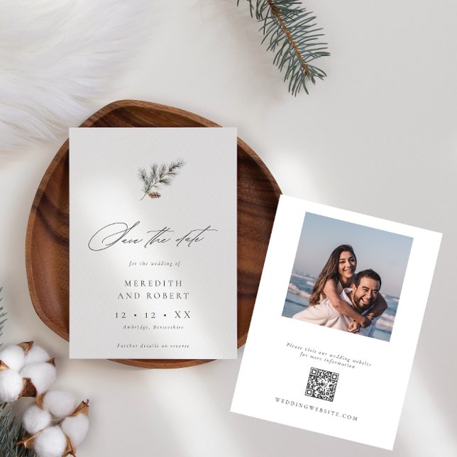 Save The Date Pine minimaliste Hiver QR Photo Mariage (Créateur téléchargé)