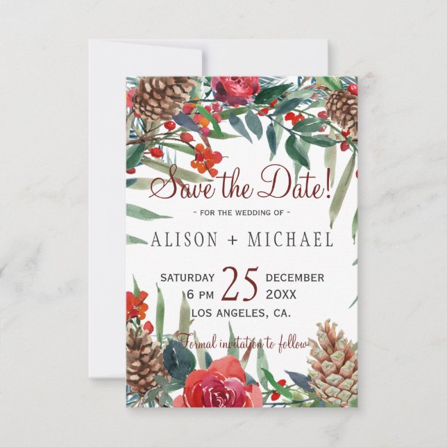 Save The Date Pine rustique cônes hiver Floral Mariage de Noël (Devant)