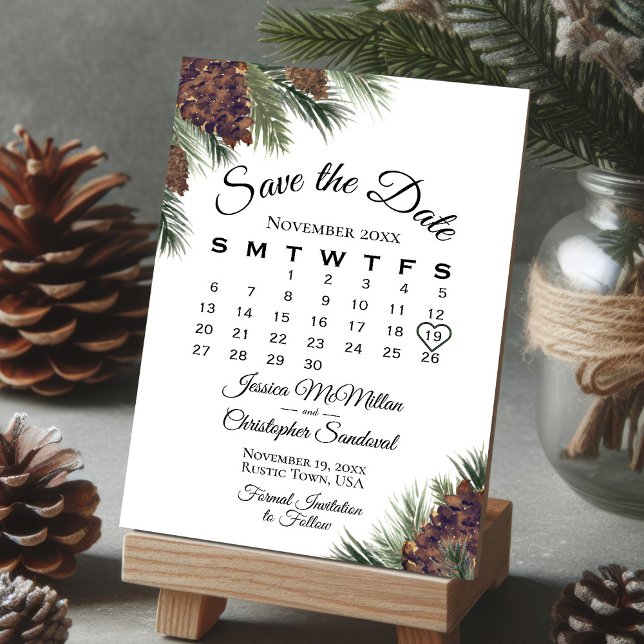 Save The Date Pinecones rustiques Mariage Calendrier de la verdu (Créateur téléchargé)