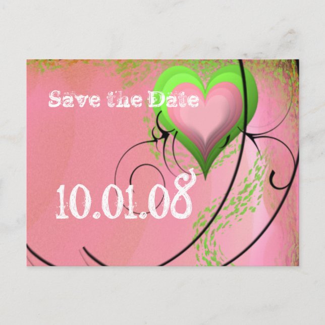 Save The Date Pink and Green Medieval Heart Announcement Postcard (Front)