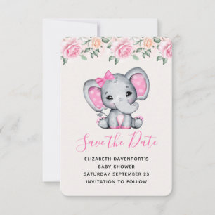 Save The Date Pink Baby Elephant and Roses Border