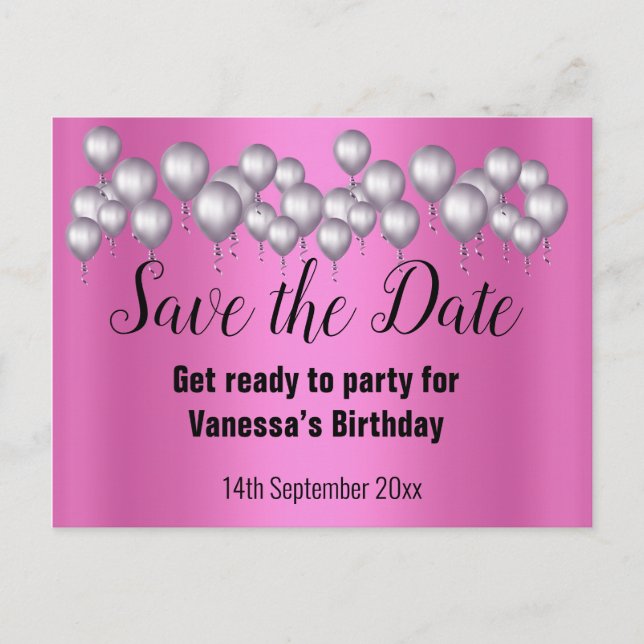 Save the Date Pink Balloons All Occassion Announcement Postcard (Front)