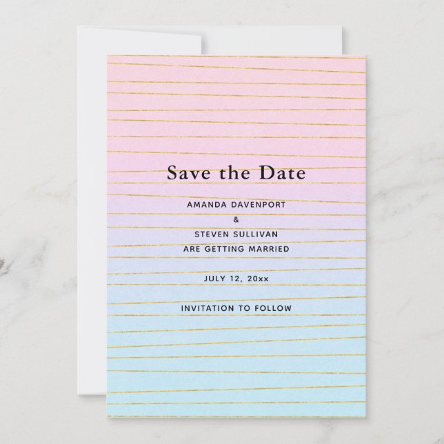 Save The Date Pink Blue Pastel dégradé avec Gold Lines Mariage (Devant)