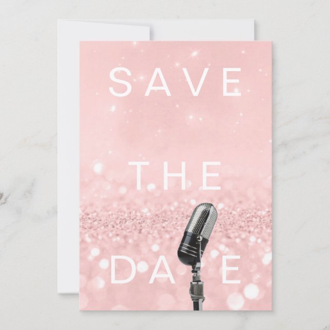 Save The Date Pink Blush Rose Glitter Microfone (Front)
