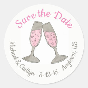 Save the Date Pink Champagne Toast Wedding Date Classic Round Sticker