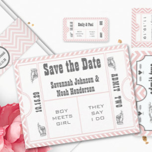Save The Date Pink Chevron Zig Zag Vintage Modern Ticket Mariage