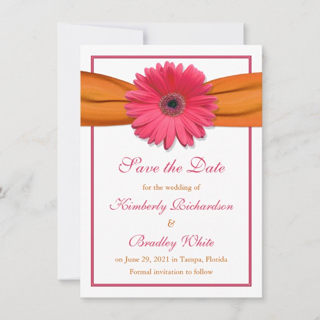 Save The Date Pink Daisy Orange Ribbon Wedding Enregistrer la da (Devant)