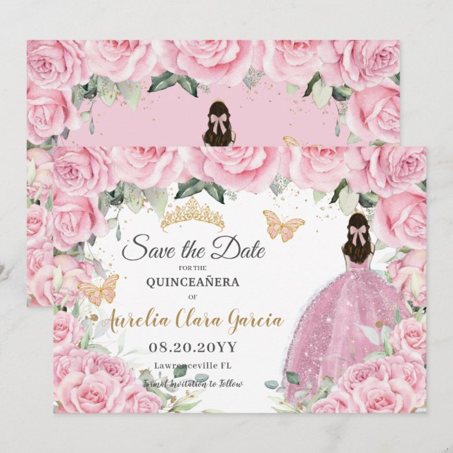 Save The Date Pink Floral Princess Quinceañera Quince Sweet 16  (Devant / Derrière)