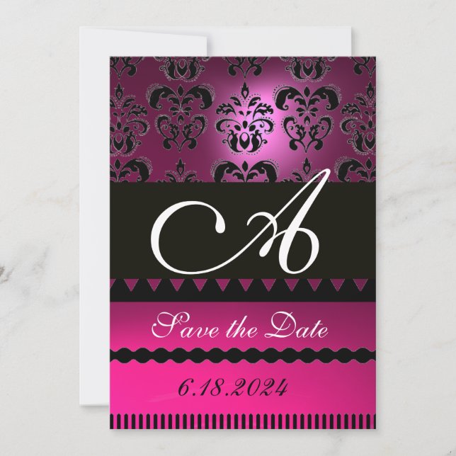 Save The Date PINK FUCHSIA PURPLE DAMASK MONOGRAS Noir (Devant)