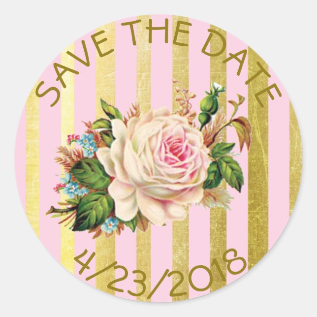 Save the Date Pink Gold Flower Striped Stickers (Front)