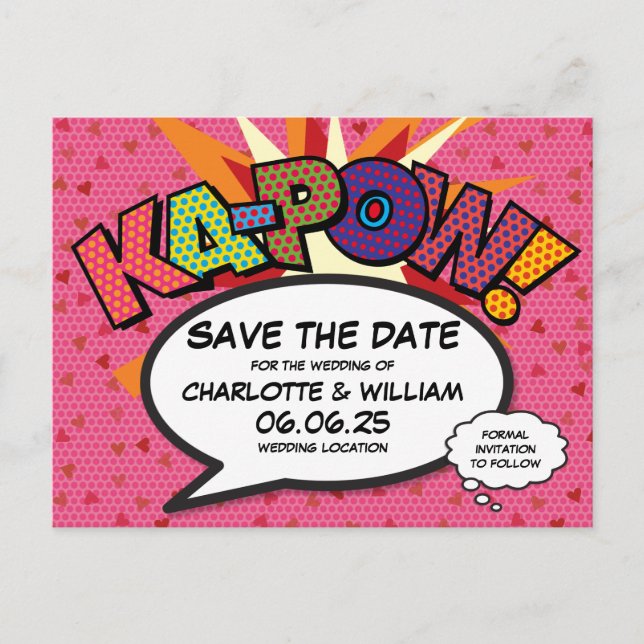 Save The Date Pink Hearts Comic Book Wedding Announcement Postcard (Front)