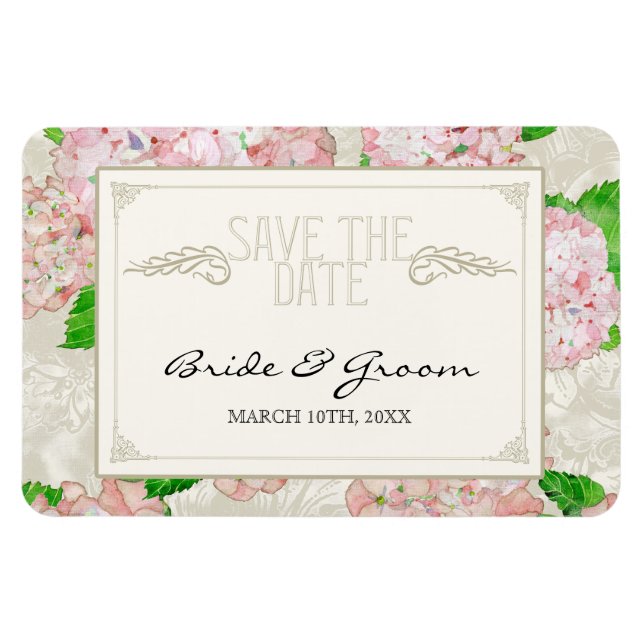 Save the Date, Pink Hydrangea Lace Floral Formal Magnet (Horizontal)