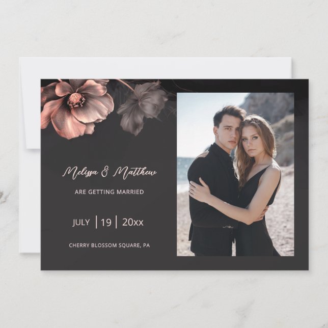 Save The Date Pink Metallic Flowers Black Wedding (Devant)
