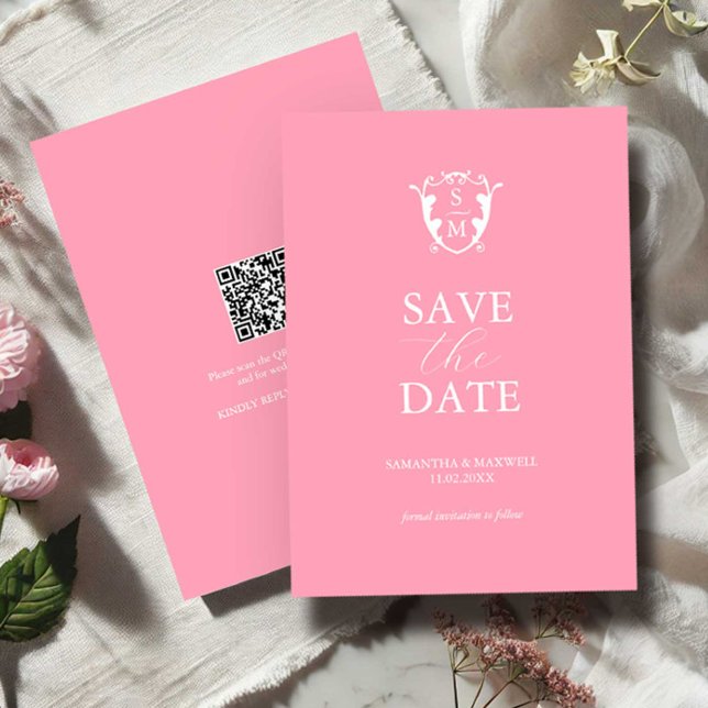 Save The Date Pink Minimal Moderne Enregistrer La Date (Monogrammed save the date wedding invitation with QR-code )