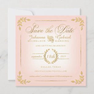 Save the Date, Pink n Gold Laurel Leaf Typography Save The Date
