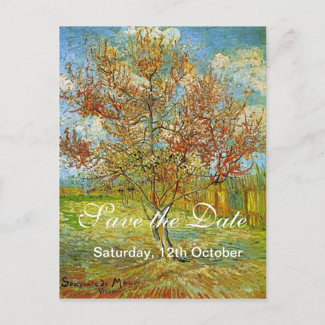 Save the Date, Pink Peach Tree in Blossom Remi... Announcement Postcard (Front)