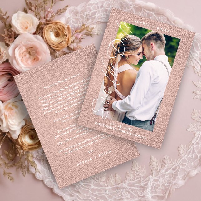 Save The Date Pink Photo Engaged Couple Textile Effect Script (Pink Photo Engaged Couple Textile Effect Save the Date Card.)