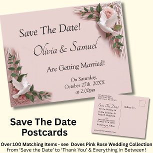Save The Date - Pink Roses & Doves Wedding Announcement Postcard