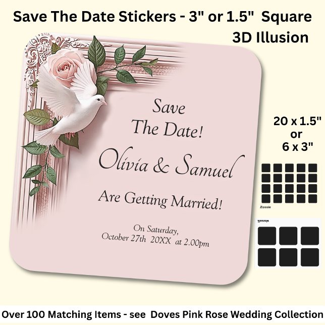 Save The Date - Pink Roses & Doves Wedding Square Sticker (Creator Uploaded)