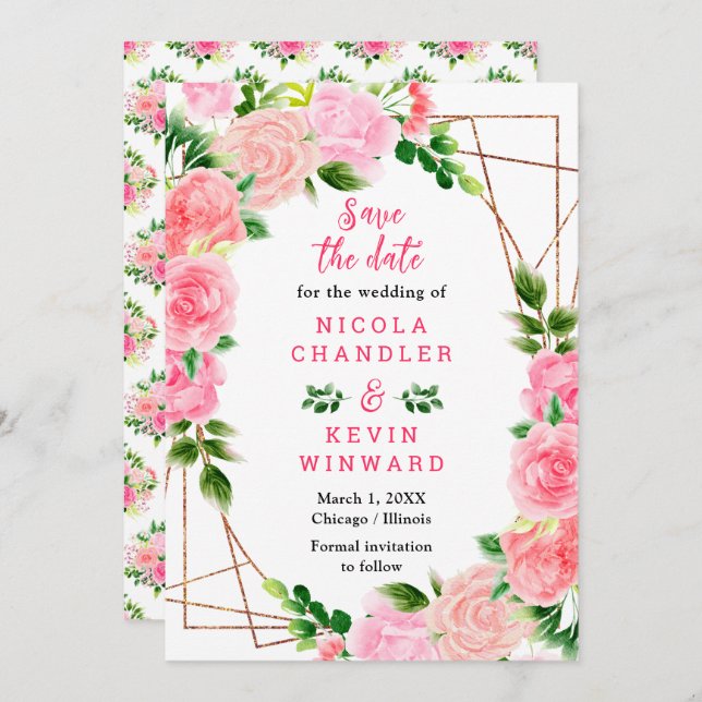 Save The Date Pink Roses with Foliage Wedding (Devant / Derrière)