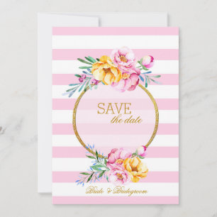 Save The Date Pink Stripes Gold Frame Flower Enregistrer la date