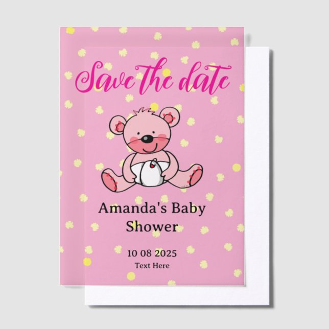 Save the date pink teddy bear baby shower vellum invitations (Offset)