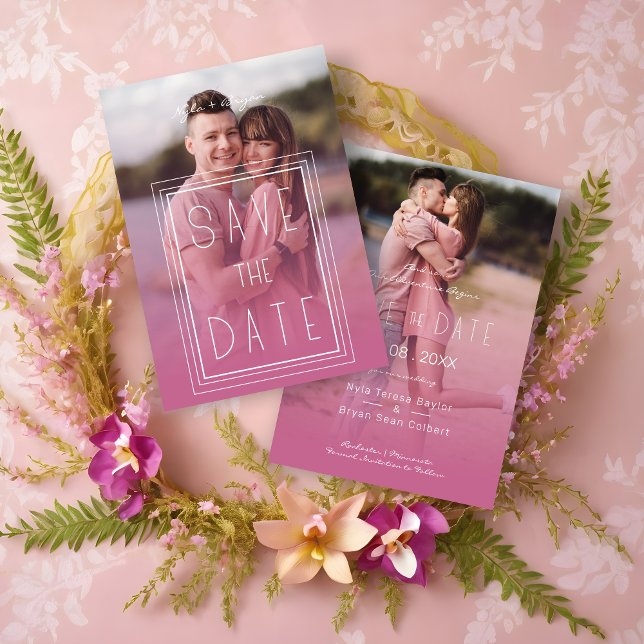 Save The Date Pink Transparency Effect 2 Photos Engagement (Pink Transparency Effect 2 Photos Engagement Couple Session Save the Date Card.)