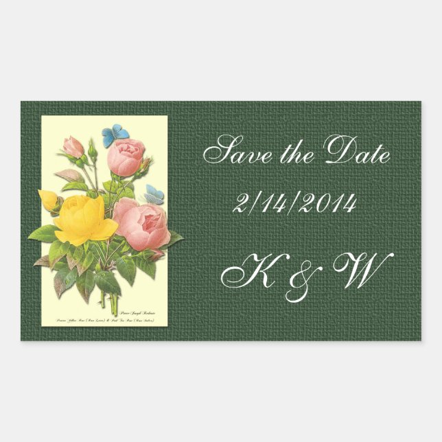 Save the Date Pink Yellow Vintage Roses Sticker (Front)