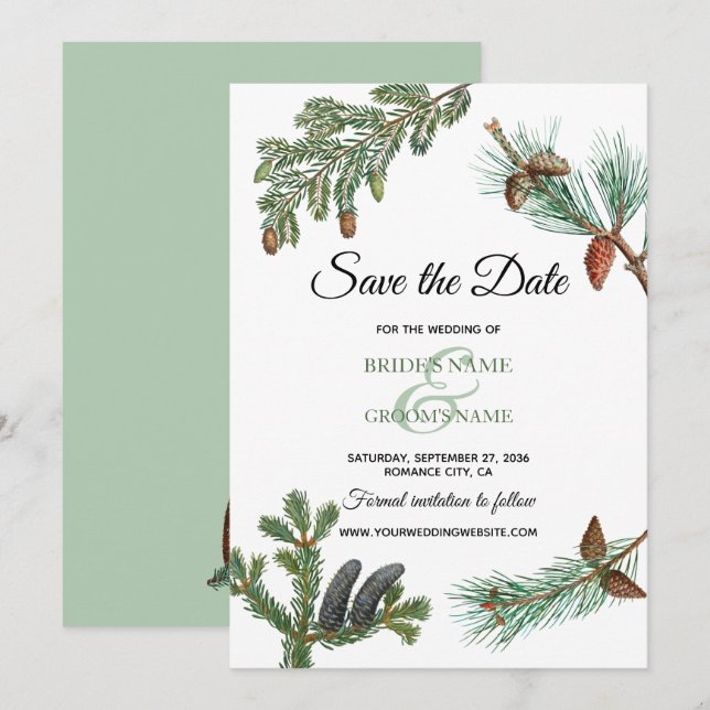Save The Date Pins rustiques Mariage de verdure forestière (Devant / Derrière)
