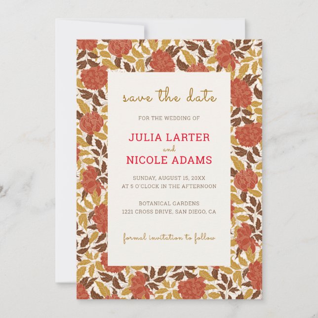 Save The Date Pivoine Fleurs Orange Poussiéreuse Mariage d'Autom (Devant)