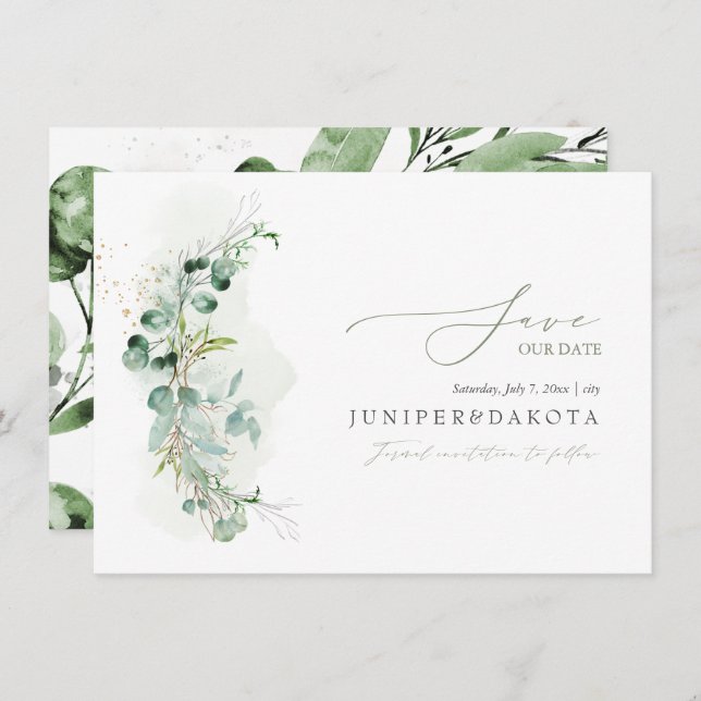 Save The Date PixDezines Aquarelle Eucalyptus Wreath Vert (Devant / Derrière)