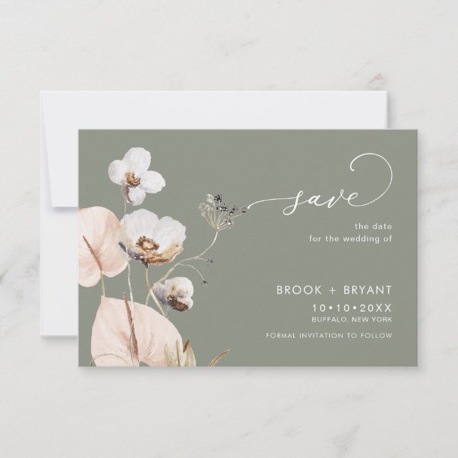 Save The Date PixDezines Boho H2 Fleurs sauvages Sage (Devant)