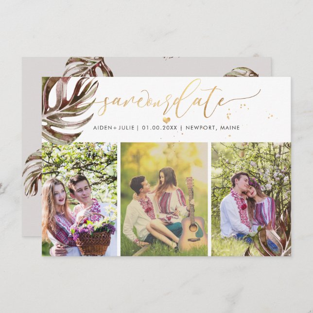 Save The Date PixDezines Bourgogne Monstera Faux Gold (Devant / Derrière)