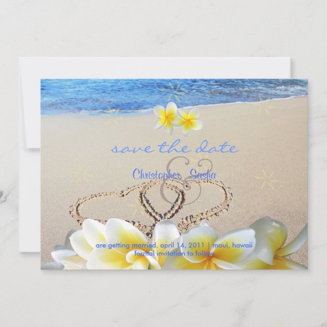 Save The Date PixDezines Coeurs+Plumeria dans le sable (Devant)
