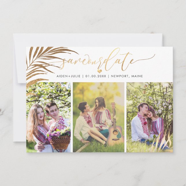 Save The Date PixDezines Fronds Palm Faux Or Script moderne (Devant)