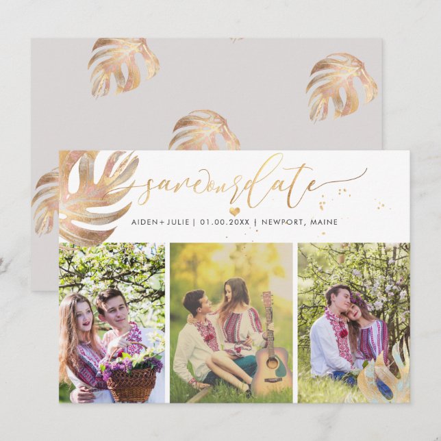 Save The Date PixDezines Monstera Faux Metallic|Enregistrer la d (Devant / Derrière)